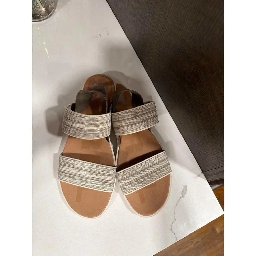 SOREL Ella II Two Strap Striped Sandals featuring tan women's 9.5